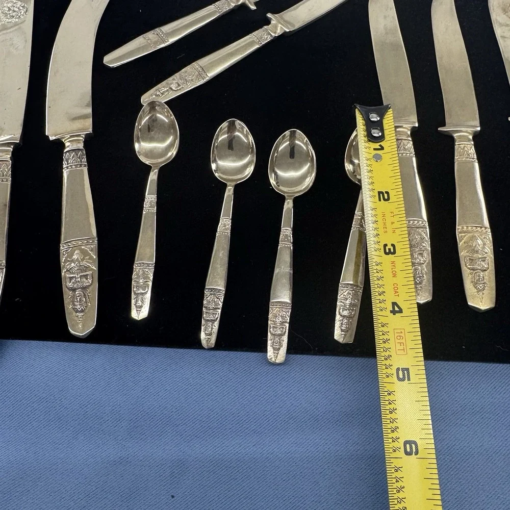 K Thailand Buddha 14 PC Flatware Set Brass  Knives And Tiny Spoons Vintage